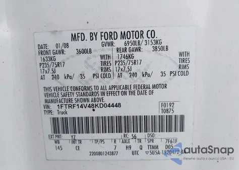 2008 Ford F-150 Fx4/Xl/Xlt из США, поврежденный, VIN 1FTRF14V48KD04448